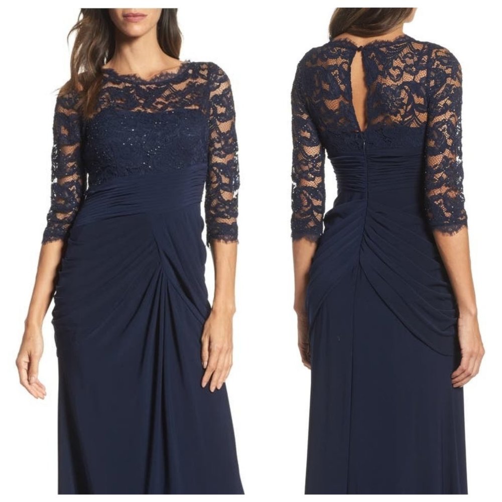 Adrianna Papell Sz 10 Lace & Jersey Navy Gown NWT